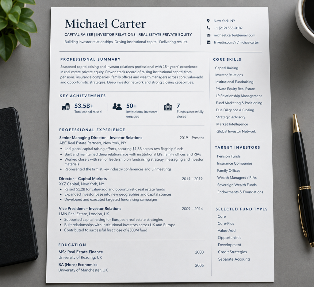 Printed capital raising and investor relations resume on a desk