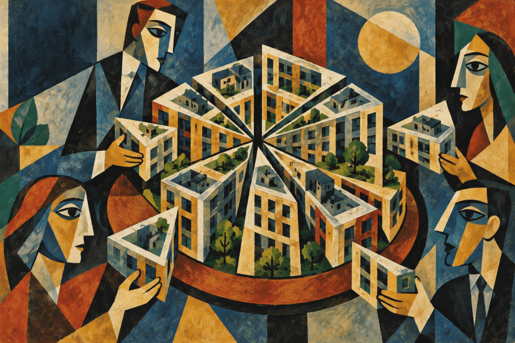 Abstract illustration of investors holding fractional shares of a property, representing DST ownership