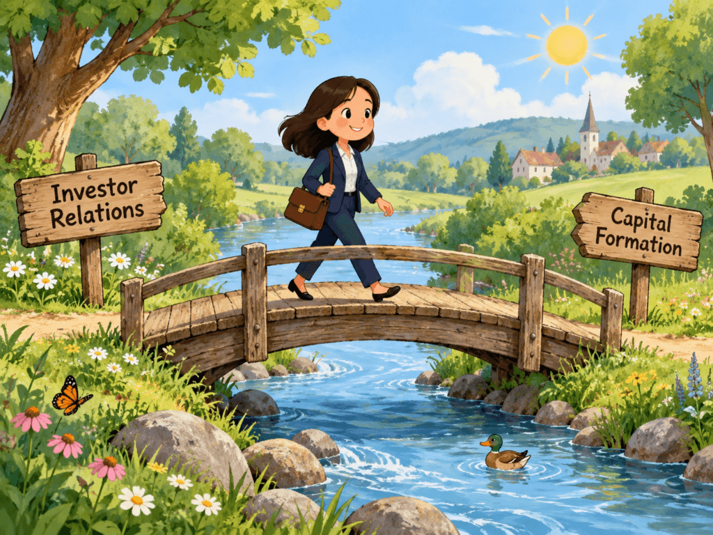 Illustration of a professional crossing a bridge from a sign reading Investor Relations to a sign reading Capital Formation