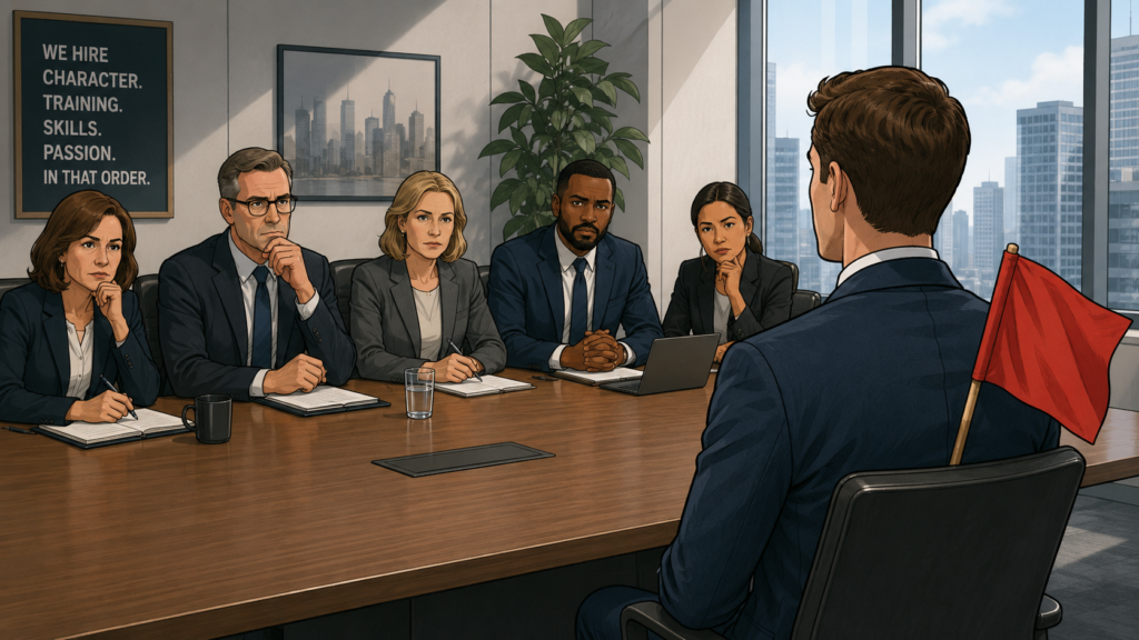 Interview panel facing a candidate holding a red flag