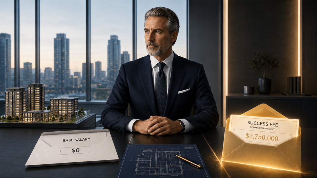 Capital raiser at a desk between a zero base salary envelope and a success fee envelope