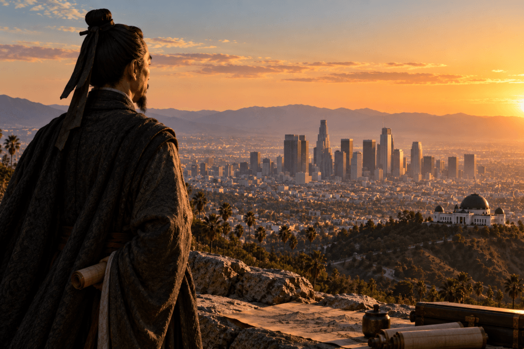 A robed strategist looking out over the Los Angeles skyline at sunset with maps and scrolls beside him