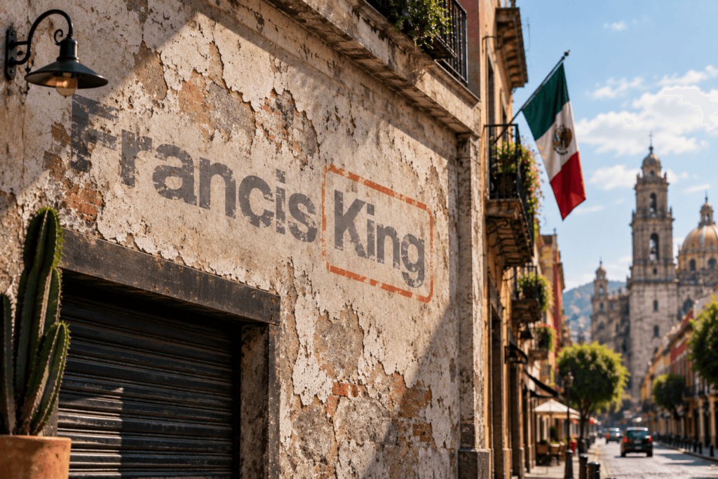 Francis King painted on a weathered wall in a Latin American colonial street with a Mexican flag and cathedral beyond