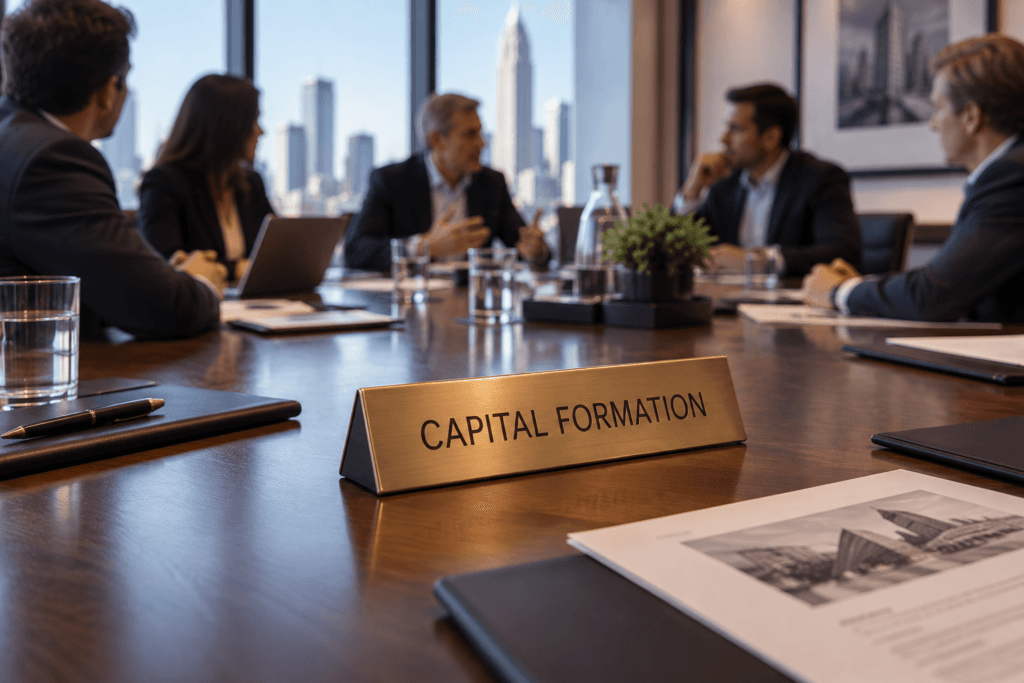 A boardroom mid discussion with a brass Capital Formation nameplate on the table in the foreground