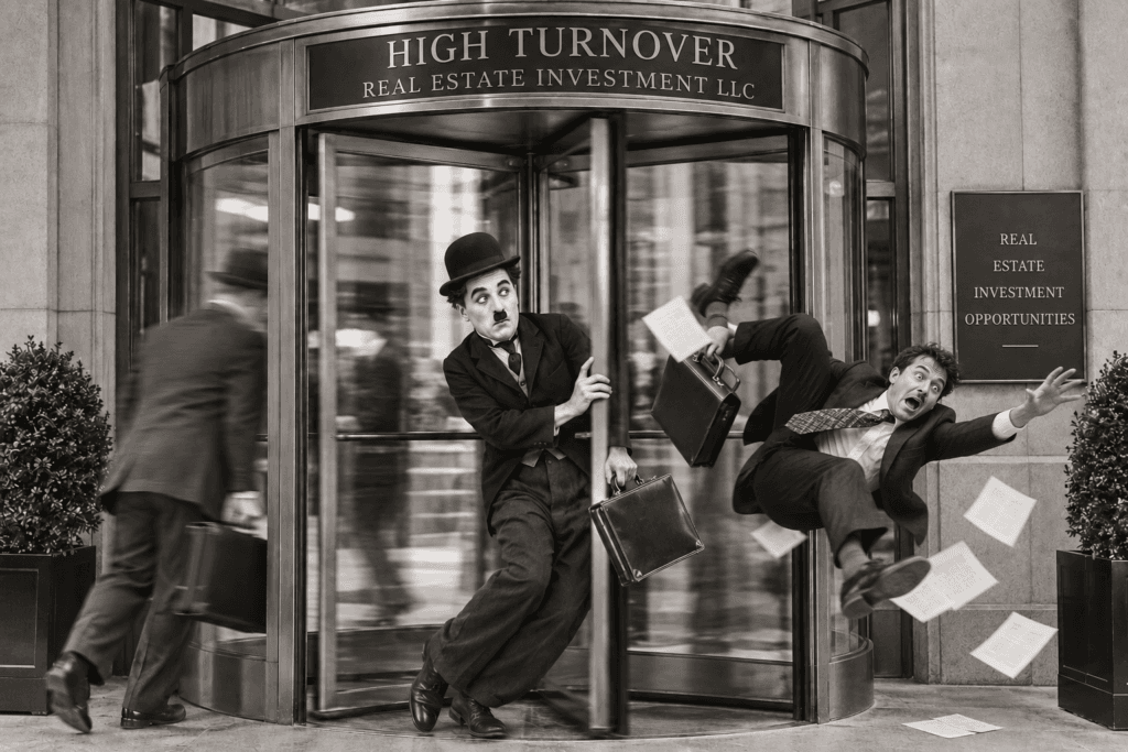 A sepia scene of businessmen tumbling out of a revolving door beneath a sign reading High Turnover Real Estate Investment LLC