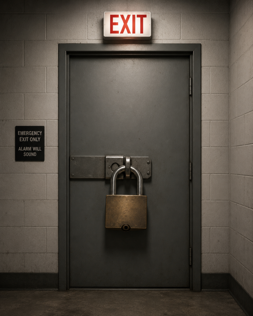 Padlocked emergency exit door with an illuminated EXIT sign