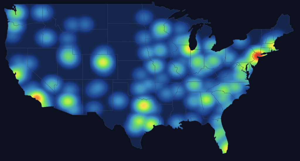 Heat map showing the geographic concentration of US real estate capital formation and investor relations professionals