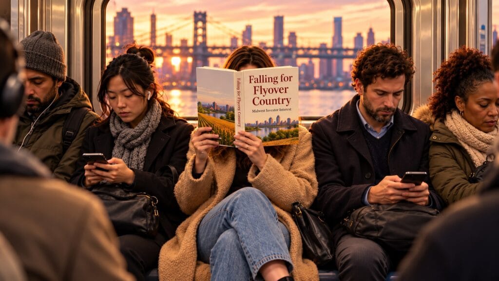 Commuter reading "Falling for Flyover Country" on a train at sunset
